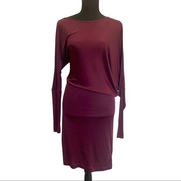 𝅺BCBGMAXAZRIA maroon asymmetrical long sleeve mini dress Sz S - Picture 2 of 8